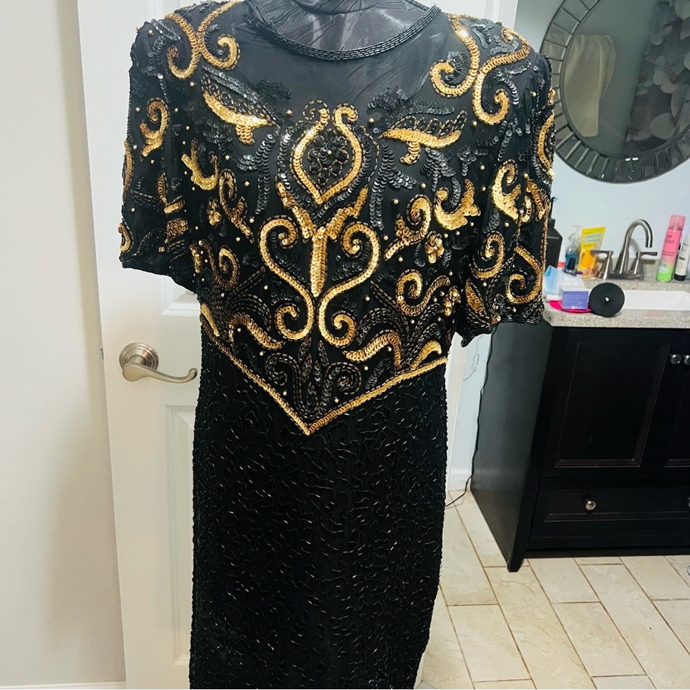 Laurence Kazar Black and Gold Sequin Midi Dress